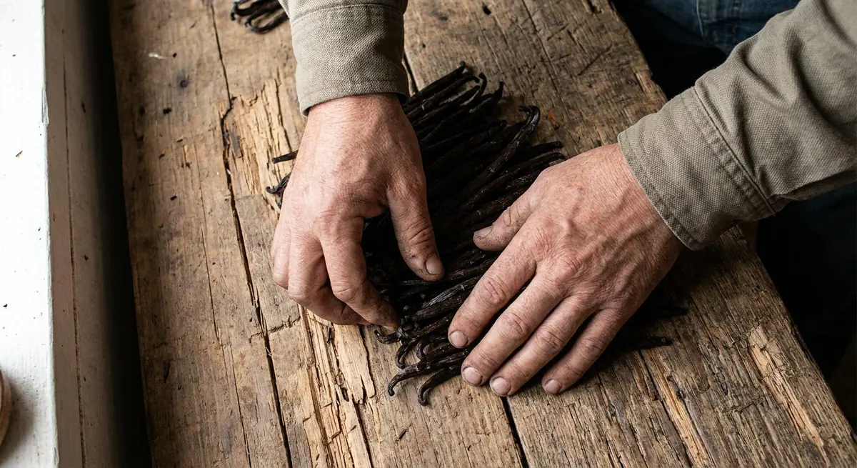 Hands sorting cured vanilla beans