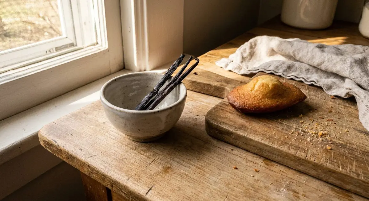 Vanilla beans in a kitchen alongside a freshly baked pastry